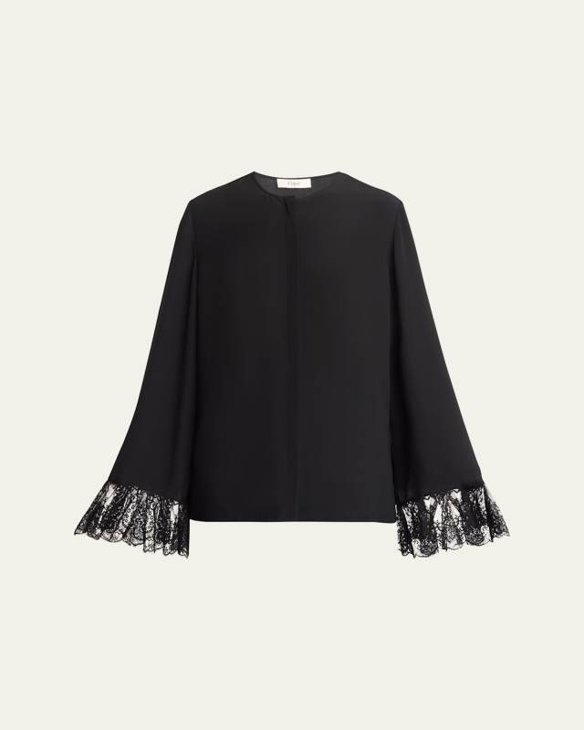 Button Down Crepe De Chine Top with Lace Sleeves